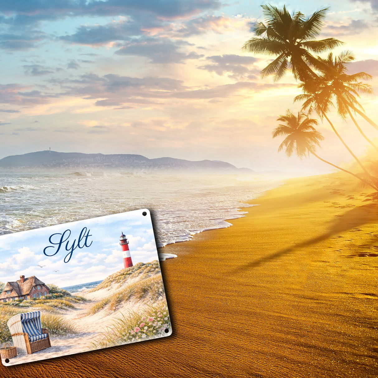 Strandkorb Sylt Metallschild in 15x20 cm Leuchtturm Motiv