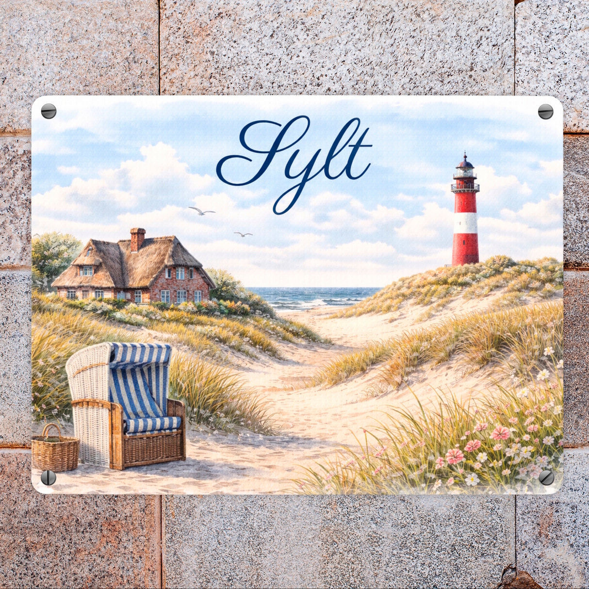 Strandkorb Sylt Metallschild in 15x20 cm Leuchtturm Motiv