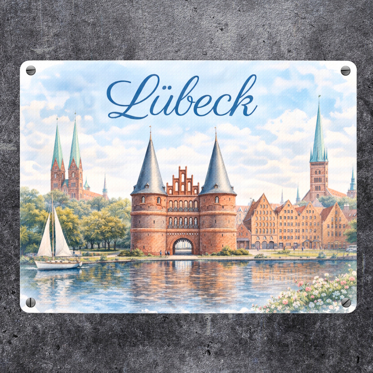 Lübeck Stadtansicht Metallschild in 15x20 cm mit Backsteintor