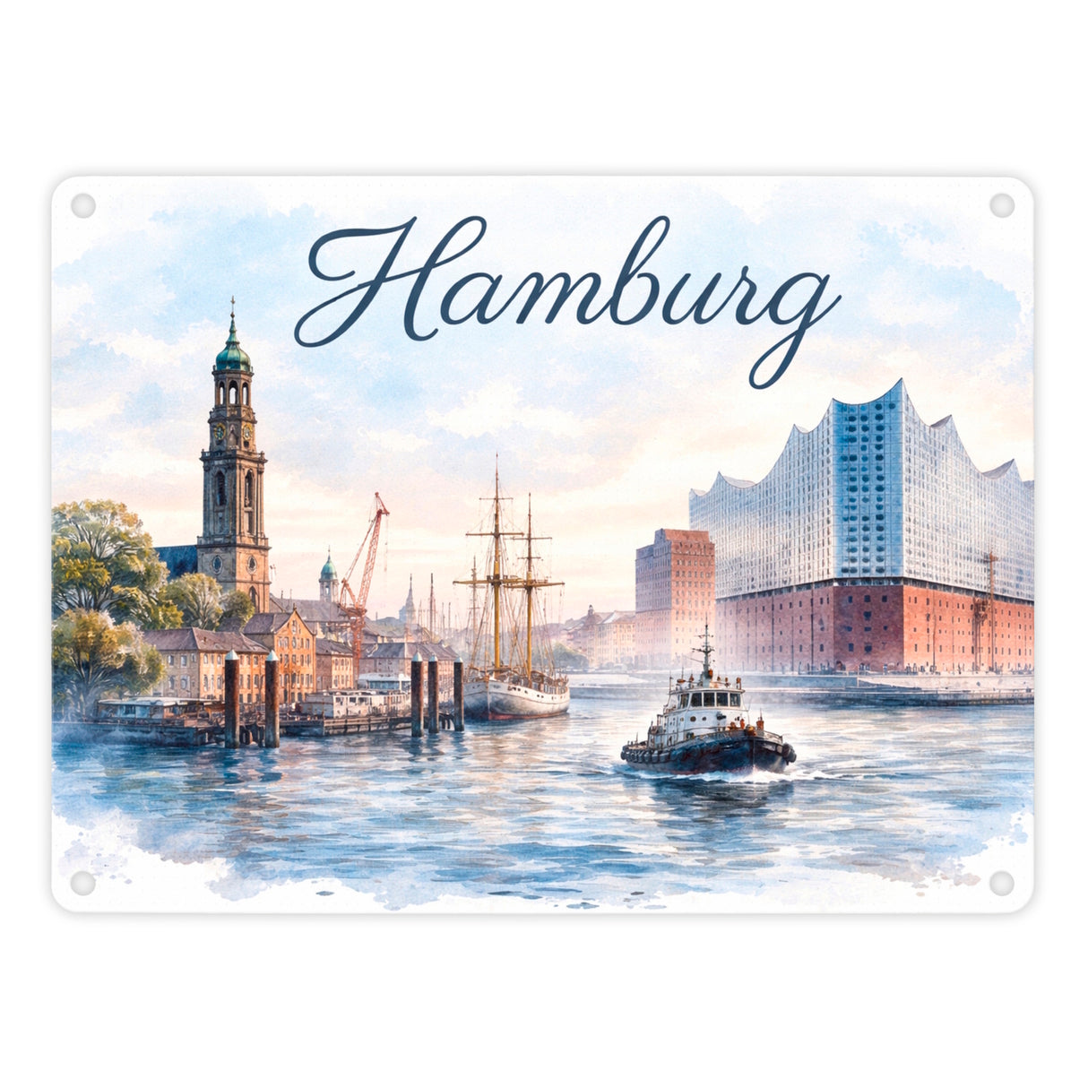 Hamburg Stadt Hafenszene Metallschild in 15x20 cm mit Schriftzug