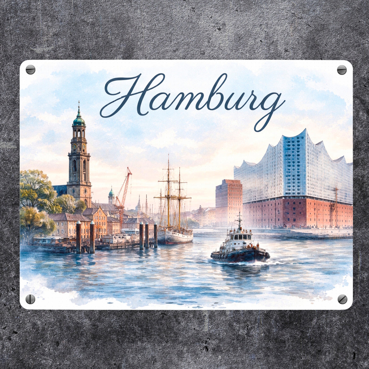Hamburg Stadt Hafenszene Metallschild in 15x20 cm mit Schriftzug