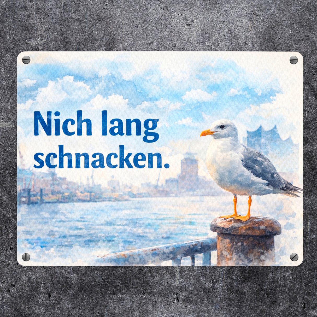 Nich lang schmacken Hafenszene Souvenir Metallschild in 15x20 cm