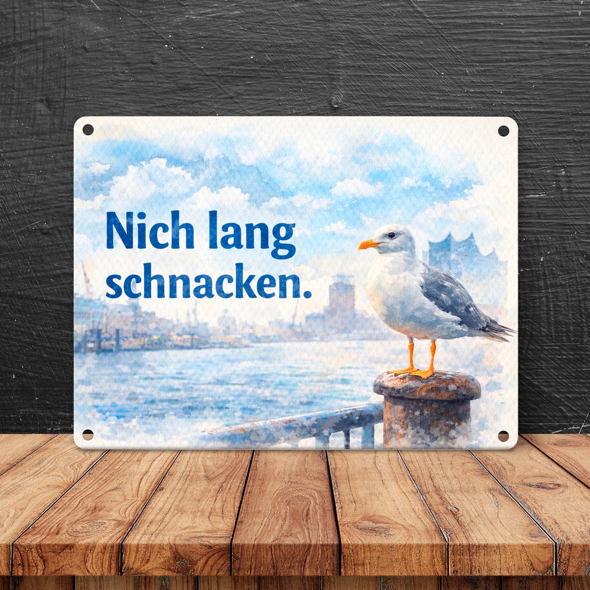 Nich lang schmacken Hafenszene Souvenir Metallschild in 15x20 cm