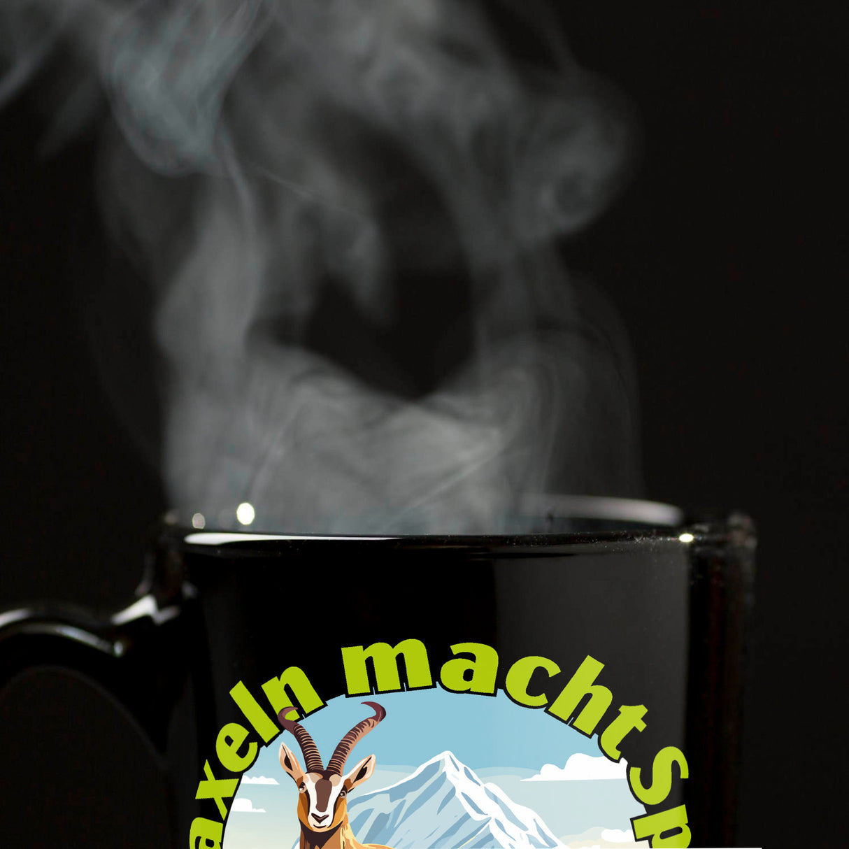 Steinbock Tasse in Schwarz mit Spruch: Kraxeln macht Spass