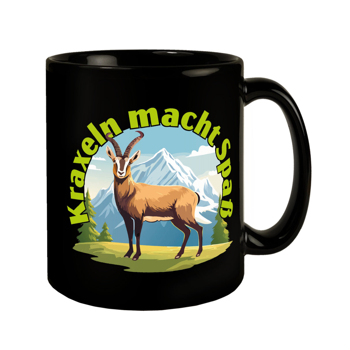 Steinbock Tasse in Schwarz mit Spruch: Kraxeln macht Spass