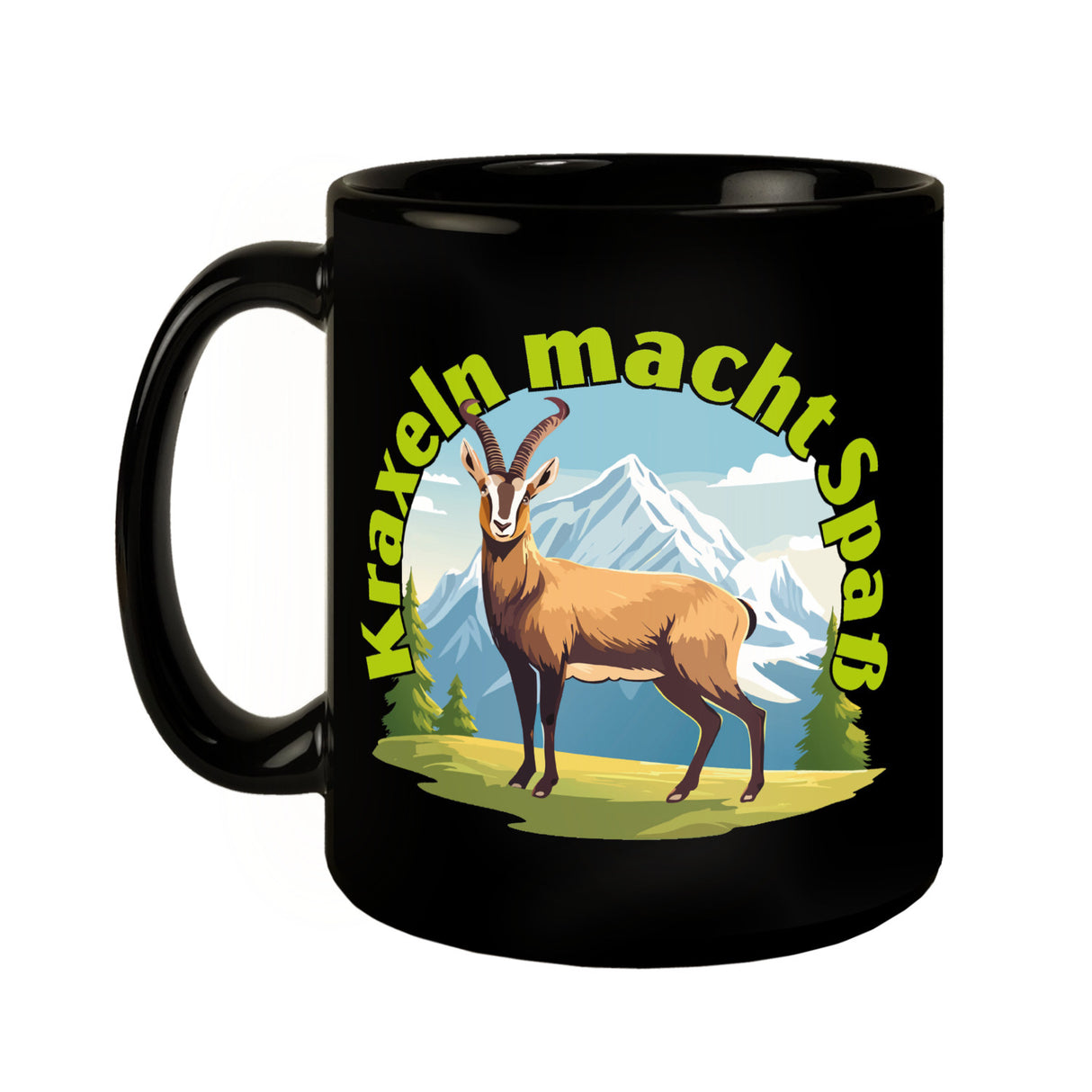 Steinbock Tasse in Schwarz mit Spruch: Kraxeln macht Spass