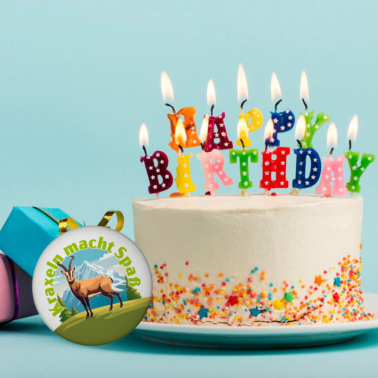 Steinbock Magnet rund mit Spruch: Kraxeln macht Spass