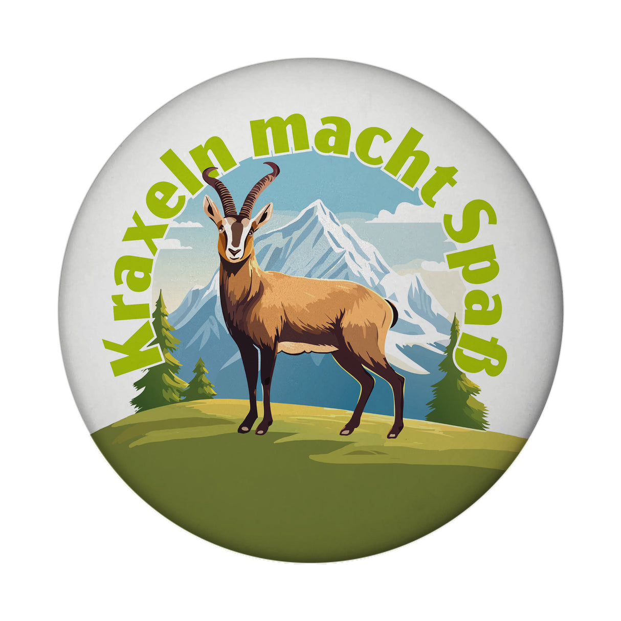 Steinbock Magnet rund mit Spruch: Kraxeln macht Spass