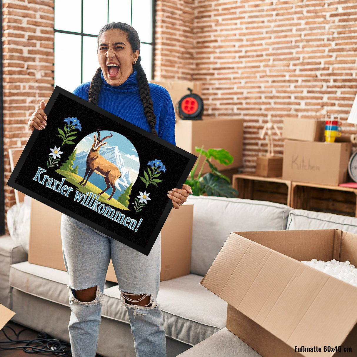 Steinbock Fußmatte in 35x50 cm mit Spruch: Kraxler willkommen!