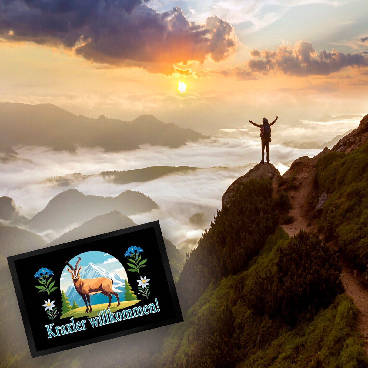 Steinbock Fußmatte in 35x50 cm mit Spruch: Kraxler willkommen!