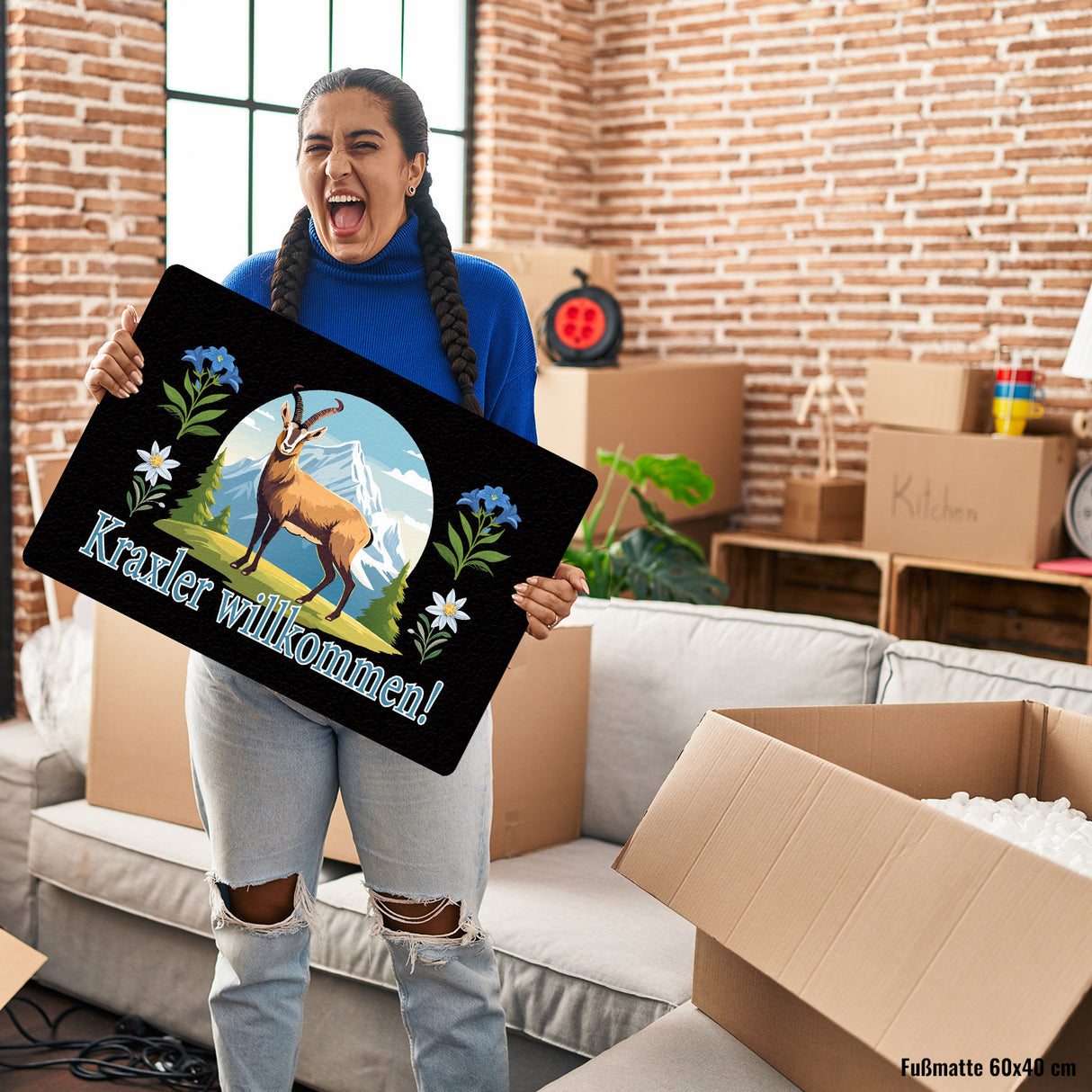 Steinbock Fußmatte in 35x50 cm ohne Rand mit Spruch: Kraxler willkommen!