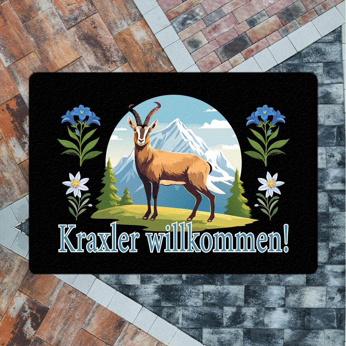 Steinbock Fußmatte in 35x50 cm ohne Rand mit Spruch: Kraxler willkommen!