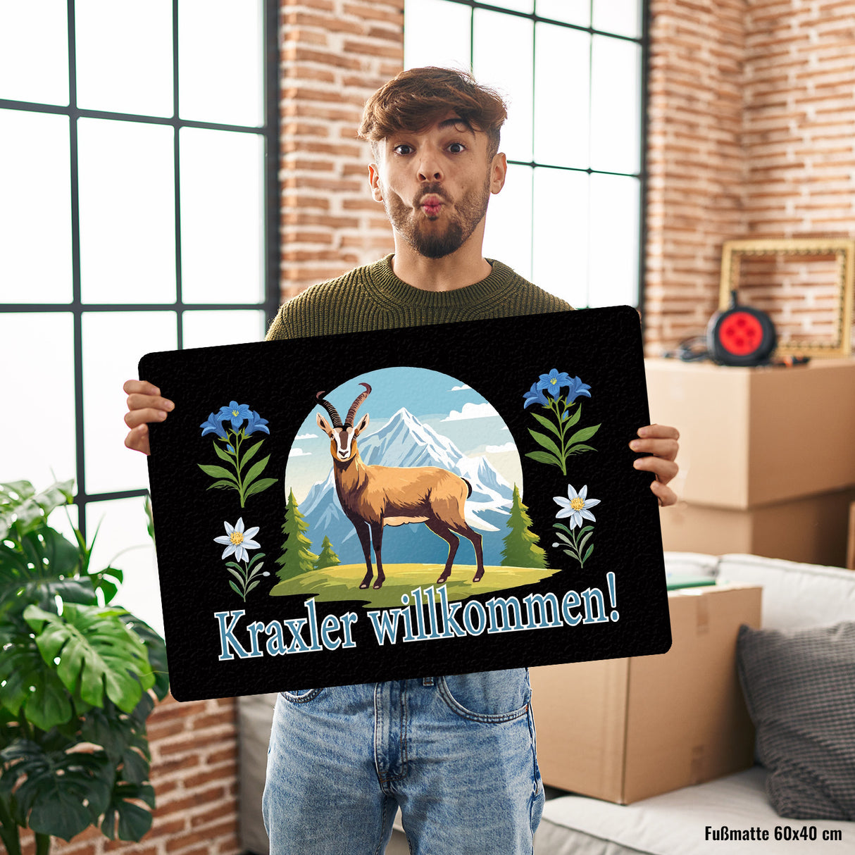 Steinbock Fußmatte in 35x50 cm ohne Rand mit Spruch: Kraxler willkommen!