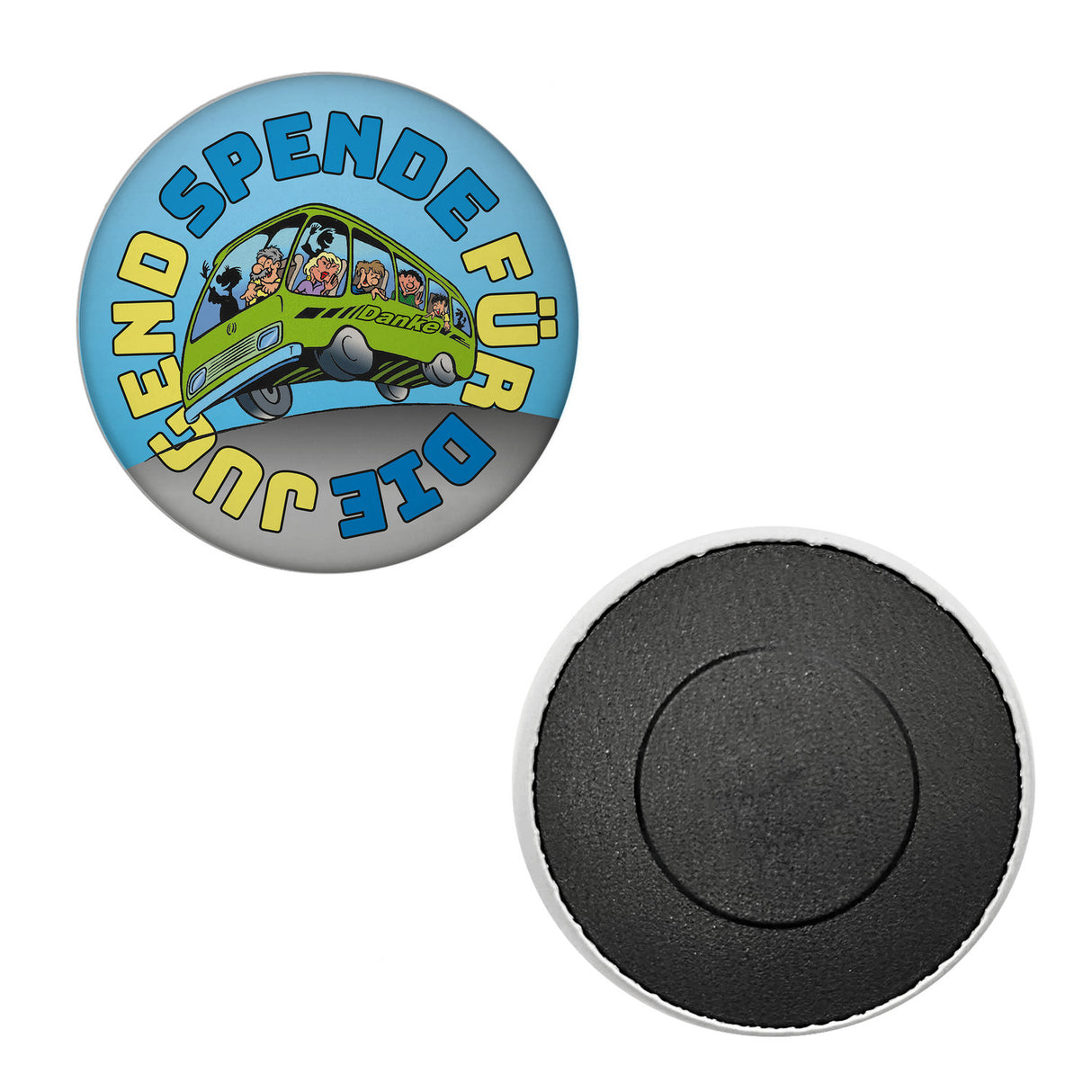 Omnibus Magnet rund mit Spruch: Spende für die Jugend. Danke