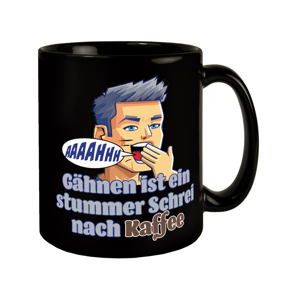 Müder Mann Tasse in Schwarz mit Spruch: stummer Schrei nach Kaffee