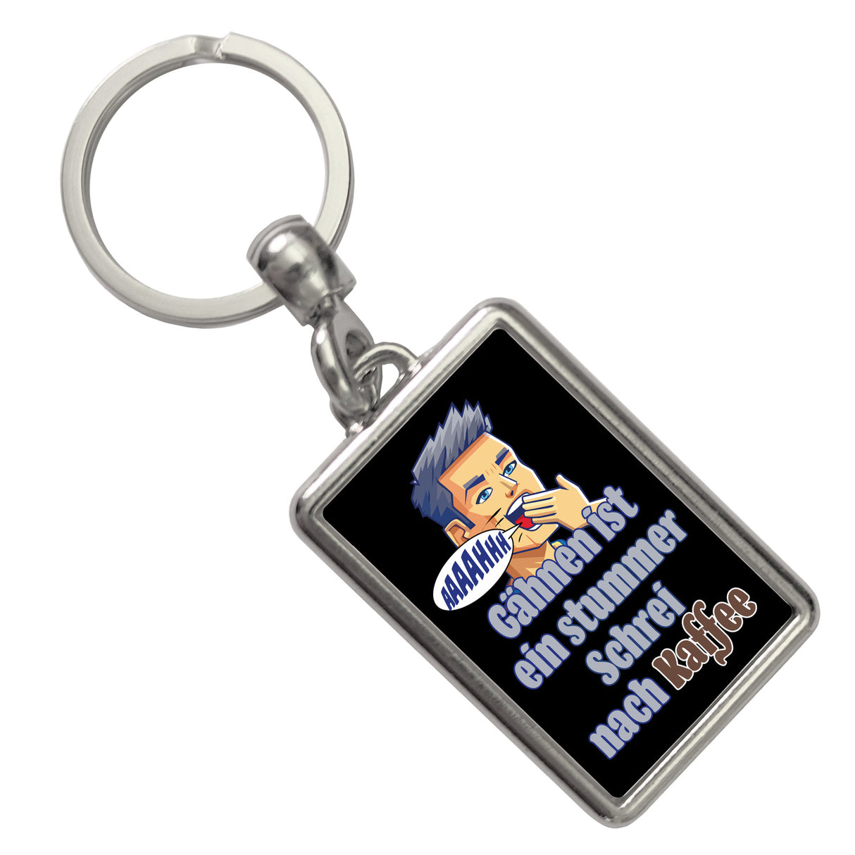 Müder Mann Schlüsselanhänger mit Spruch: stummer Schrei nach Kaffee