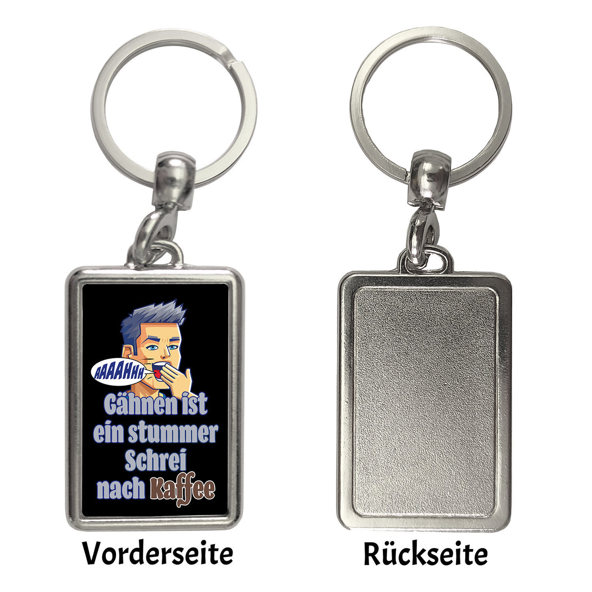 Müder Mann Schlüsselanhänger mit Spruch: stummer Schrei nach Kaffee