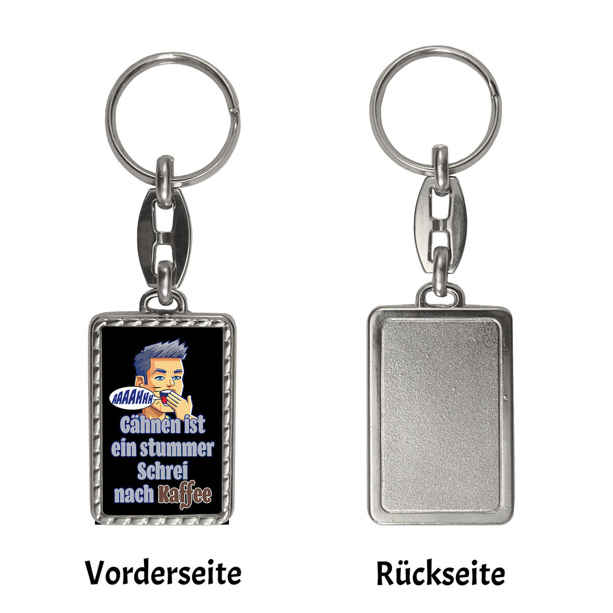Müder Mann Schlüsselanhänger mit Spruch: stummer Schrei nach Kaffee