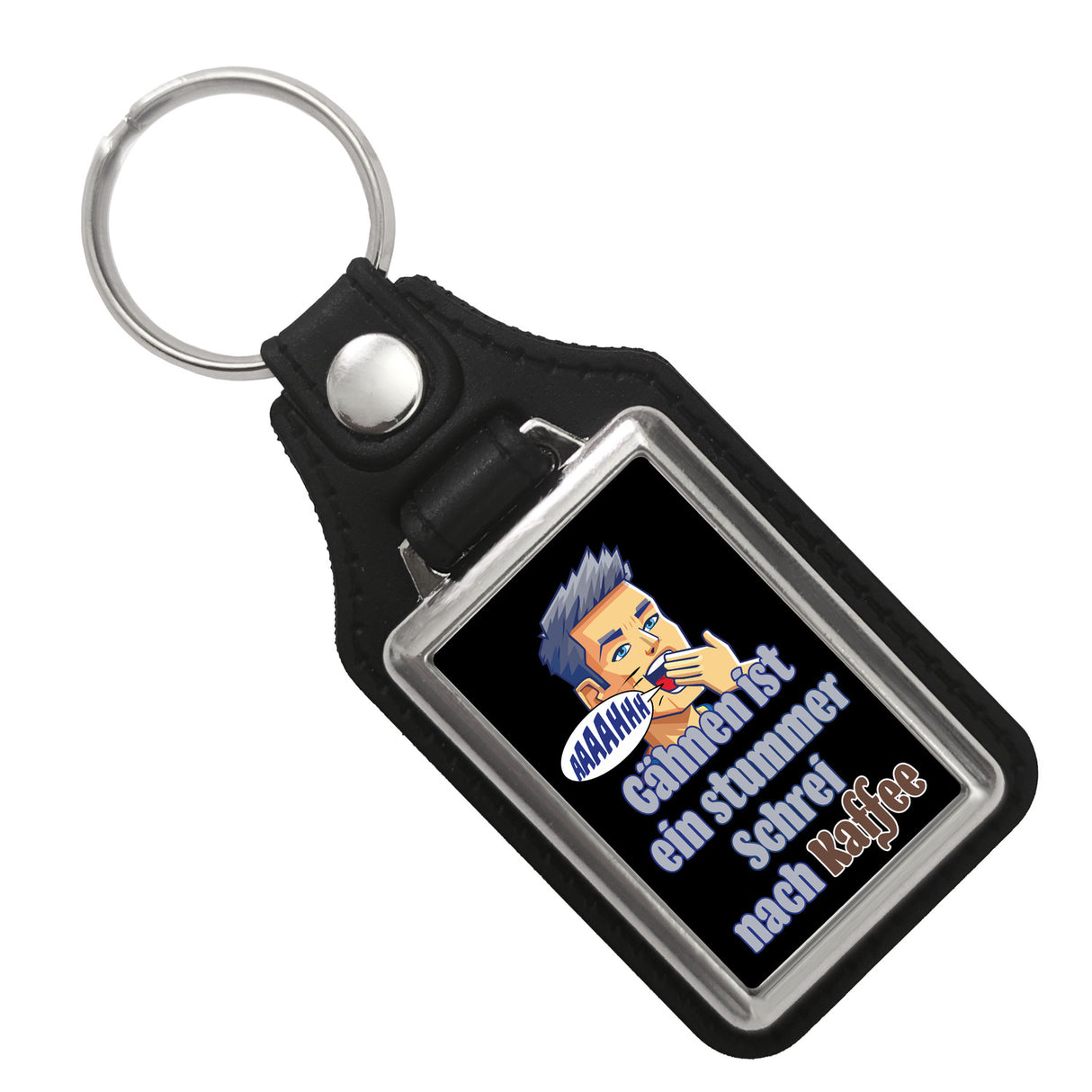 Müder Mann Schlüsselanhänger mit Spruch: stummer Schrei nach Kaffee