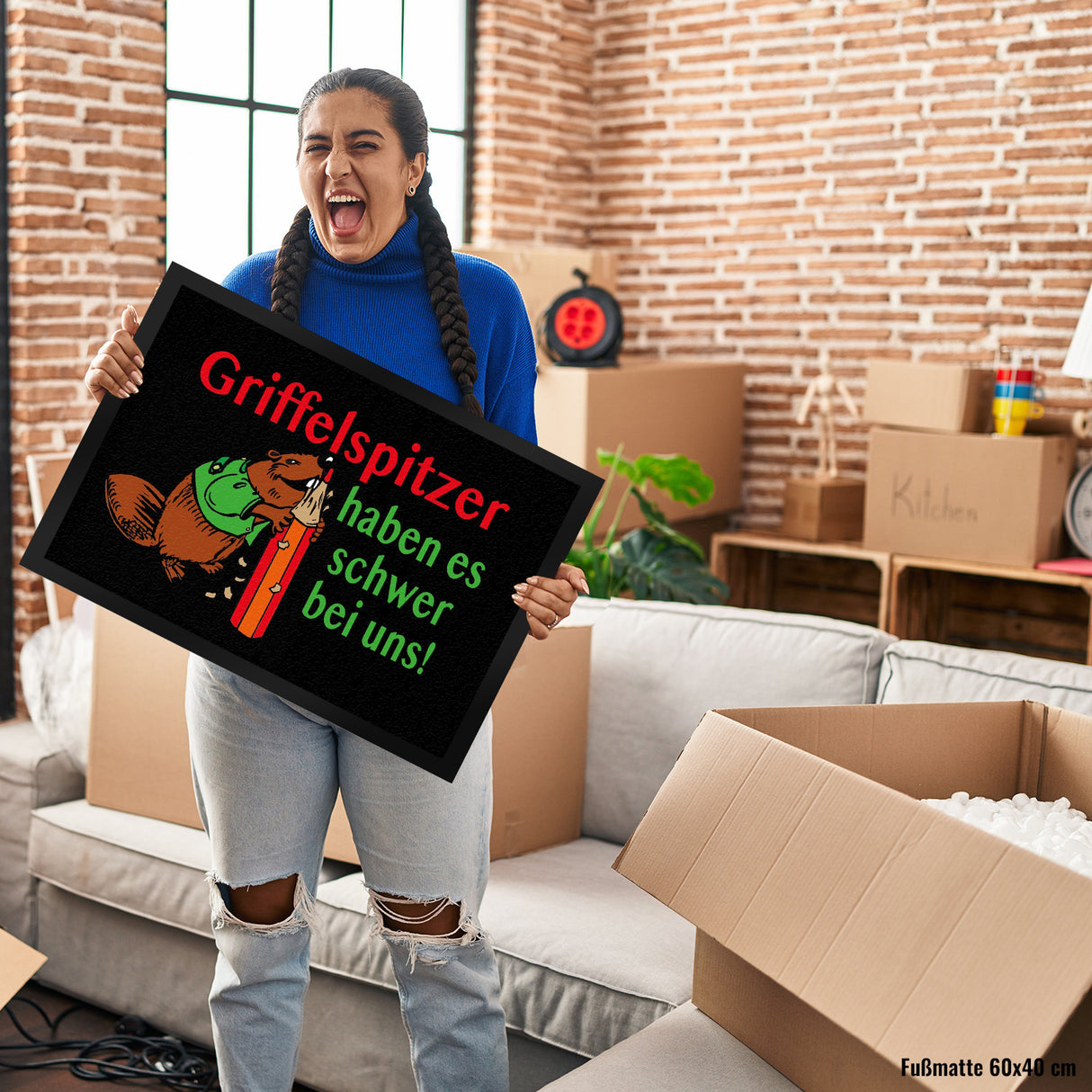 Biber Fußmatte in 35x50 cm mit Spruch: Griffelspitzer haben es schwer bei uns!