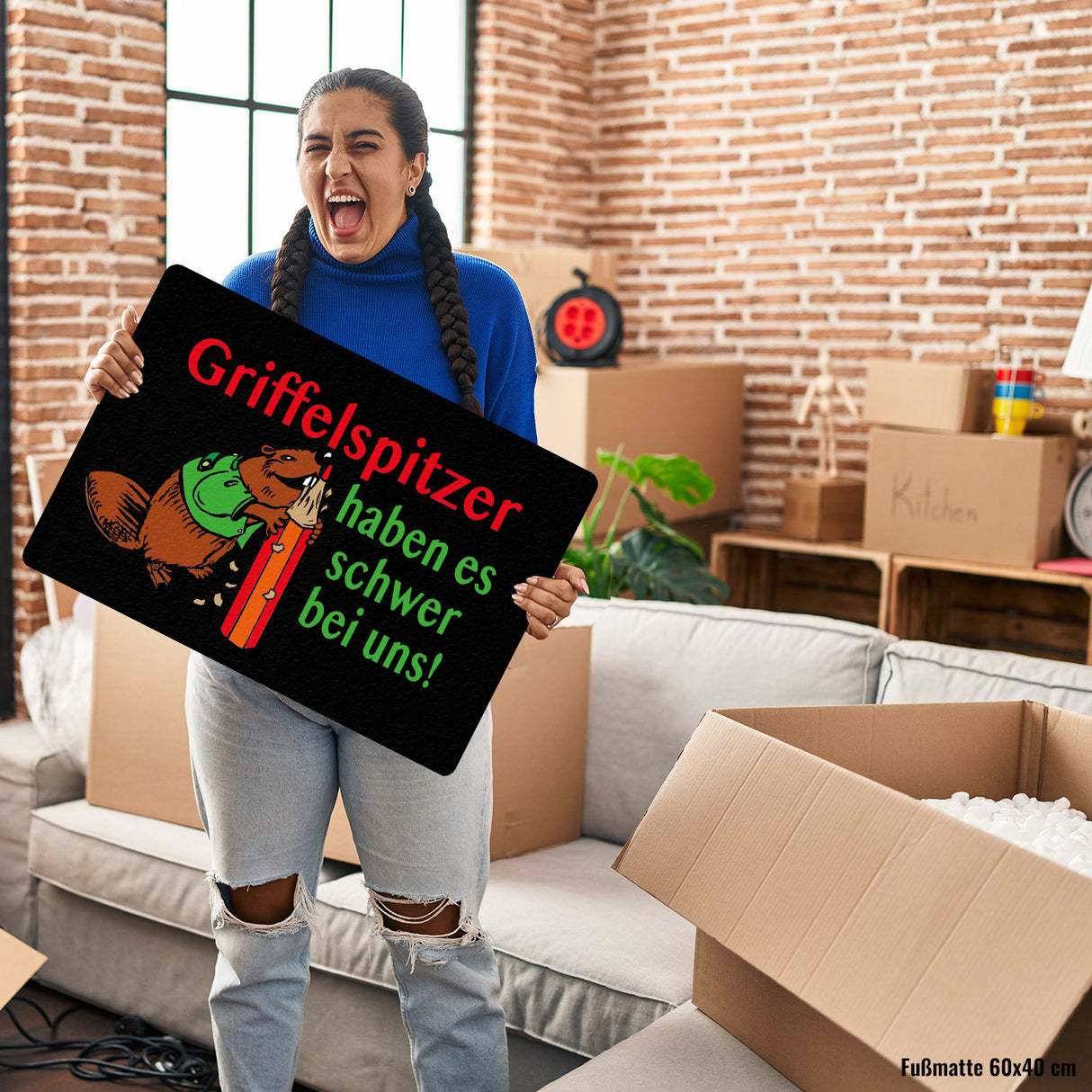 Biber Fußmatte in 35x50 cm ohne Rand mit Spruch: Griffelspitzer haben es schwer bei uns!
