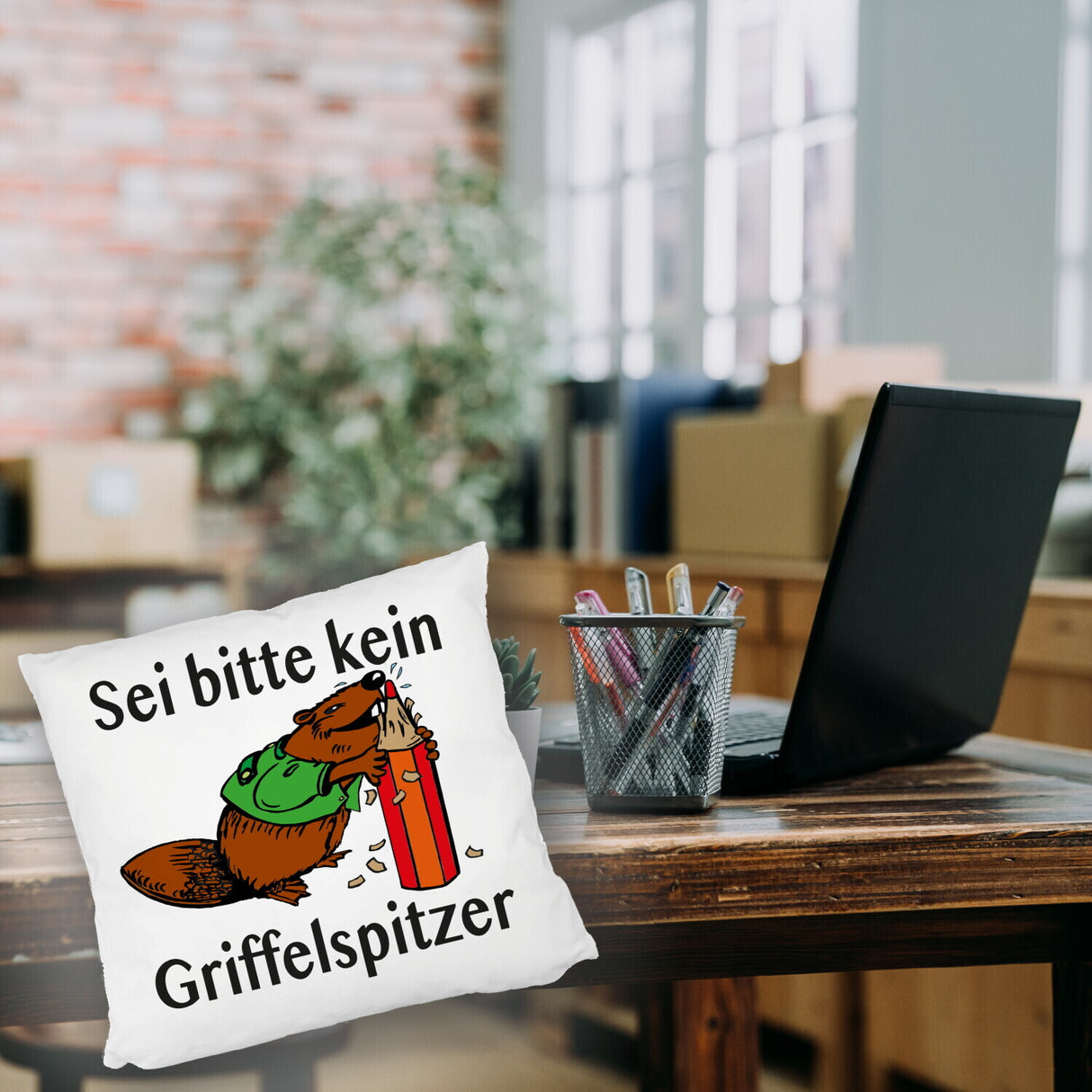 Biber Kissen mit Spruch: Sei kein Griffelspitzer