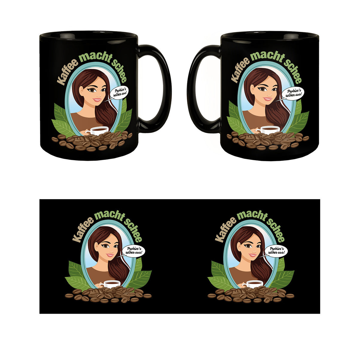 Frau im Spiegel Tasse in Schwarz mit Spruch: Kaffee macht schee. Probiers selber aus!
