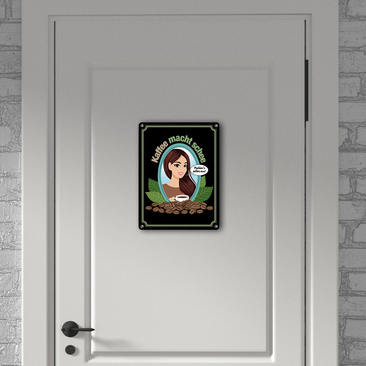 Frau im Spiegel Metallschild in 15x20 cm mit Spruch: Kaffee macht schee. Probiers selber aus!