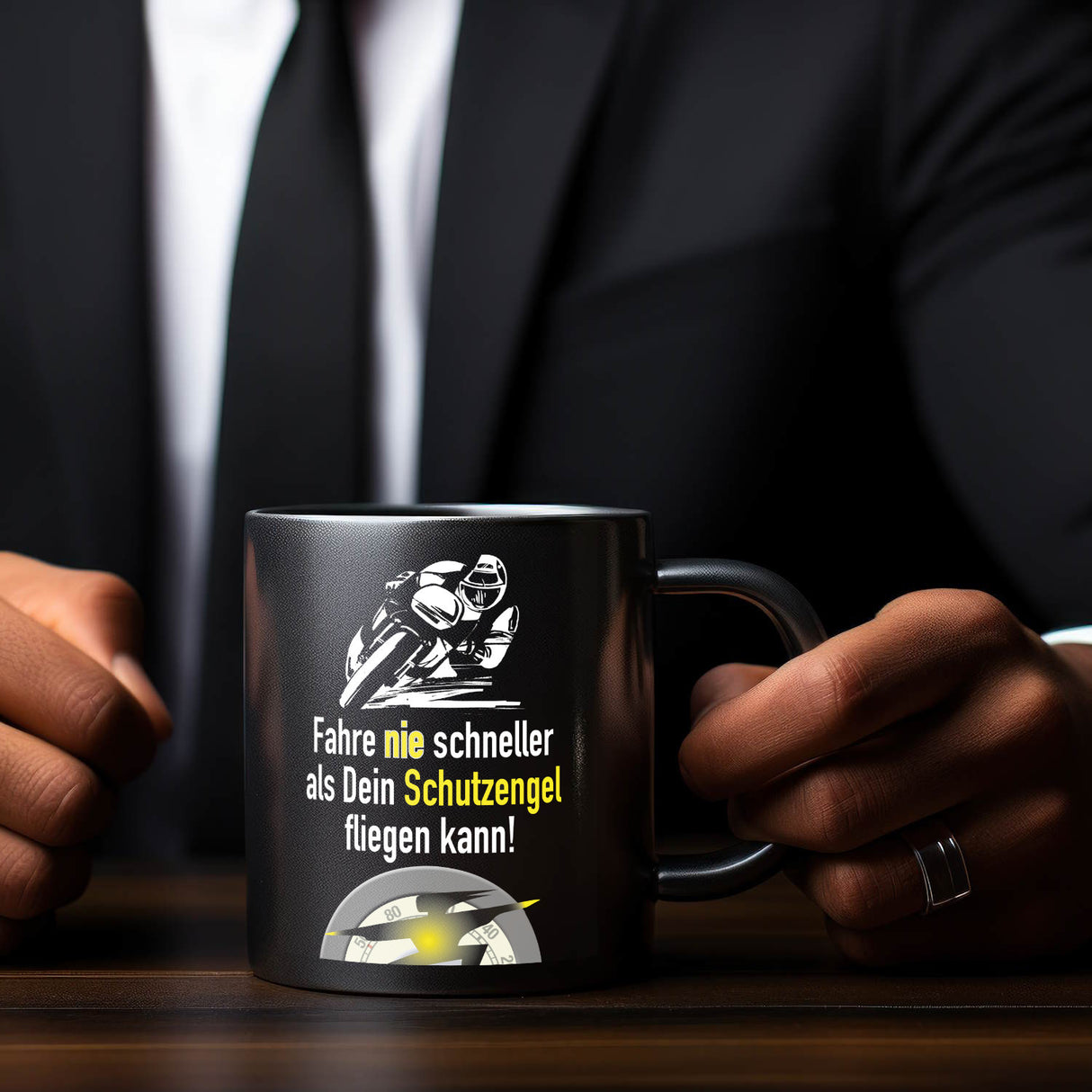 Motorradfahrer Tasse in Schwarz mit Spruch: Fahr nie schneller als dein Schutzengel!