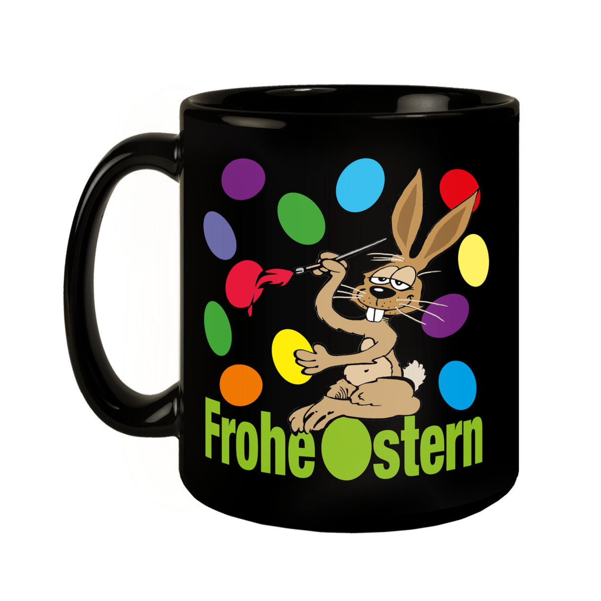 Osterhase Tasse in Schwarz mit Spruch: Frohe Ostern