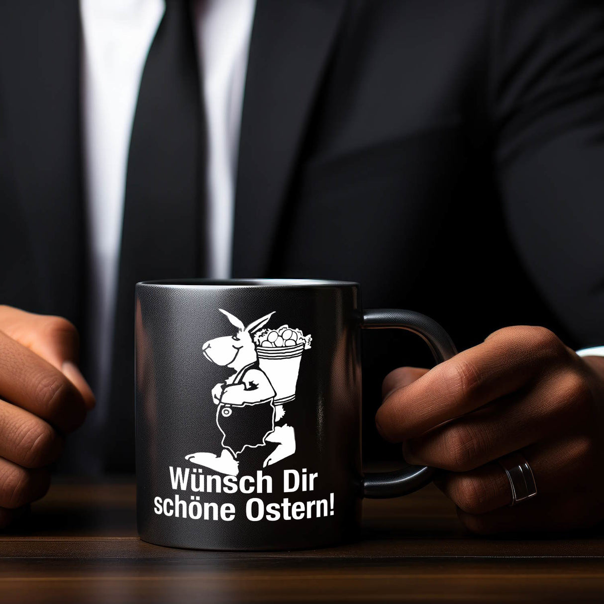 Osterhase Tasse in Schwarz mit Spruch: Wünsch dir schöne Ostern!