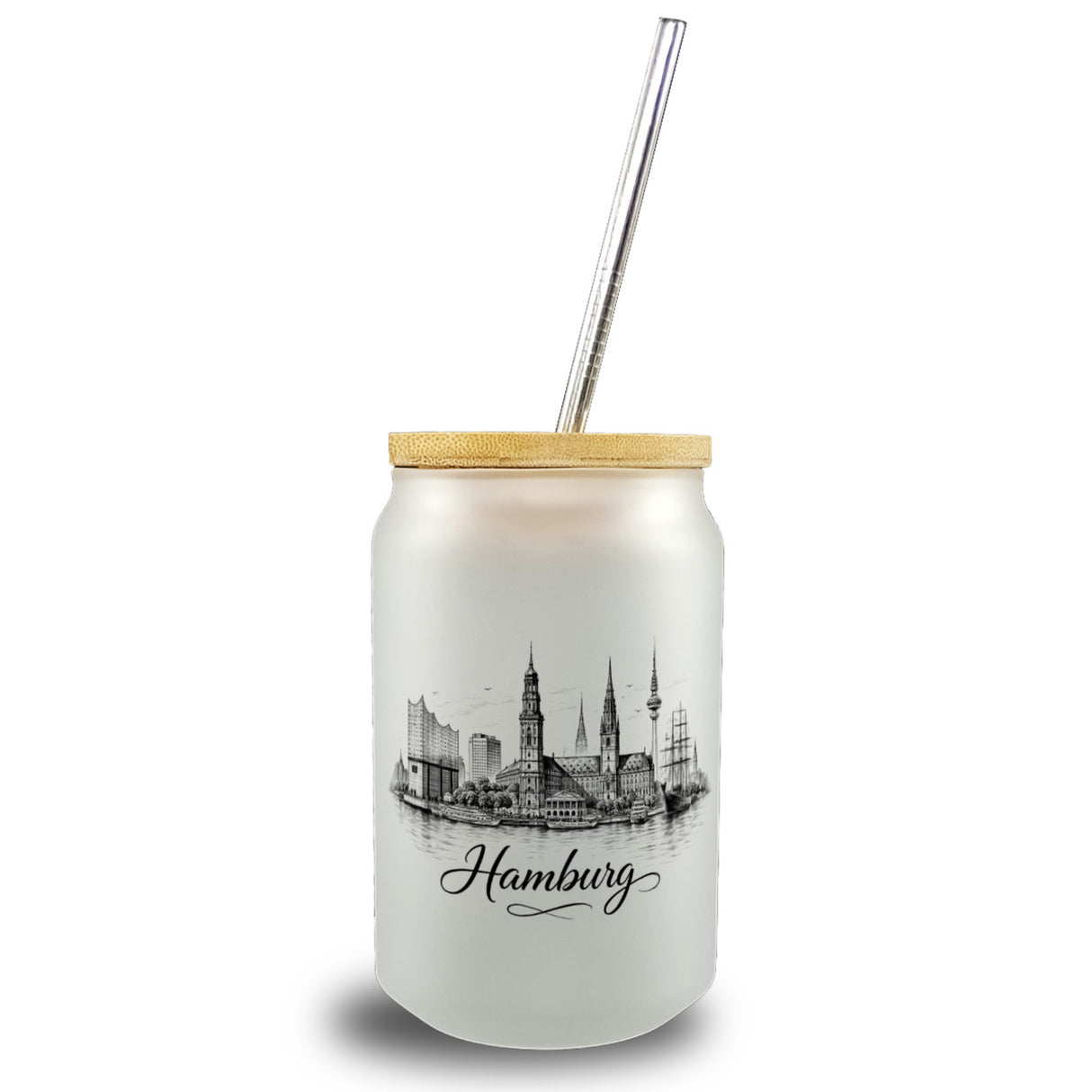 Skyline Hamburg Stadtsilhouette Trinkglas mit Bambusdeckel