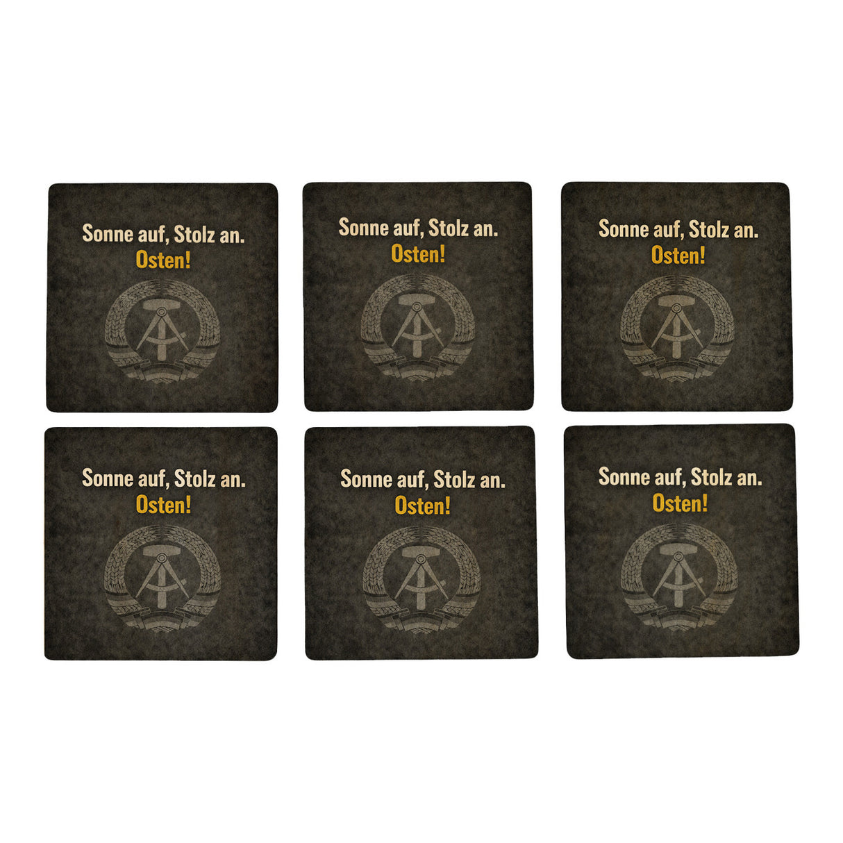 DDR-Stolz 6er Set Untersetzer aus Holz - Sonne auf, Stolz an