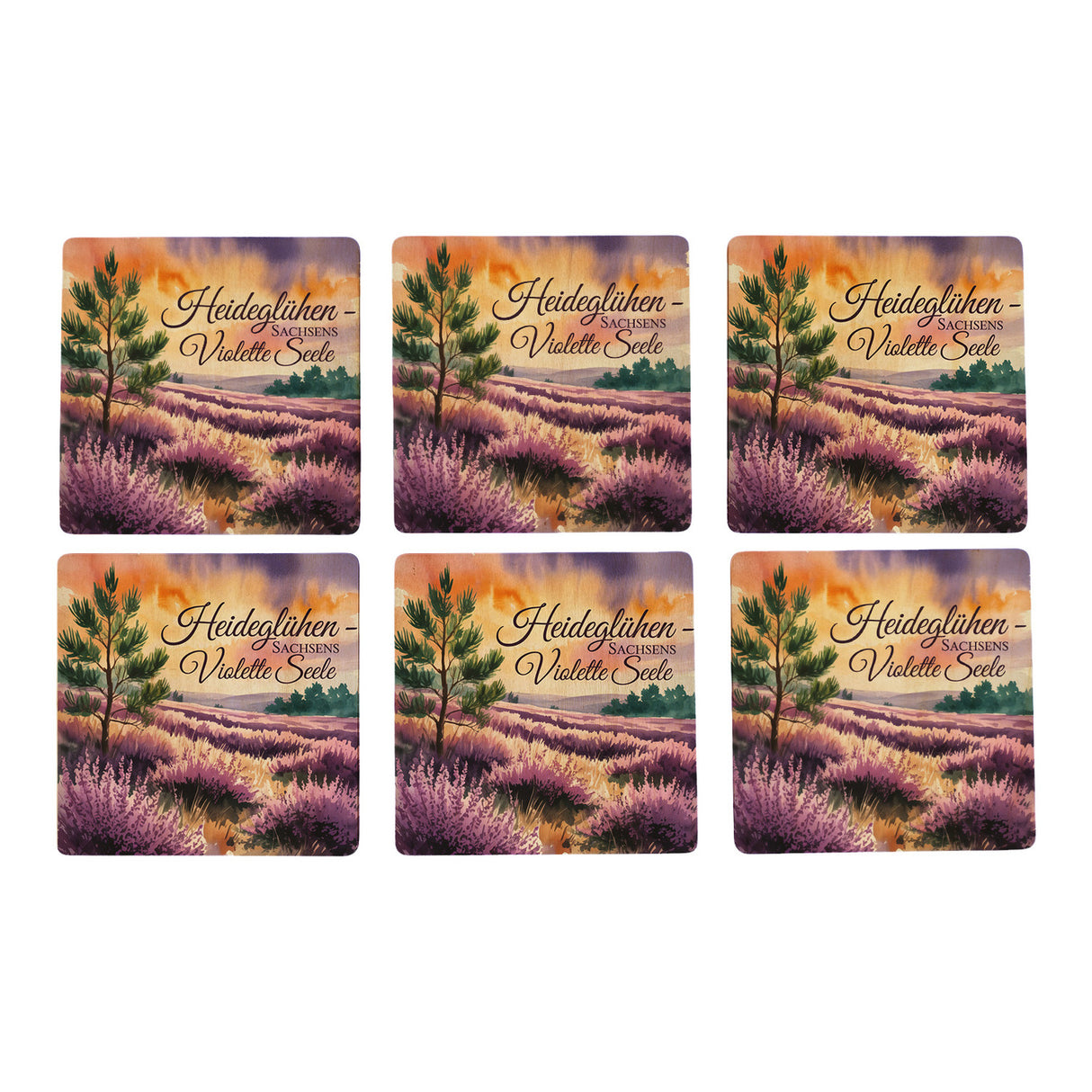 Region Sachsen Heide 6er Set Untersetzer aus Holz - Sachsens violette Seele