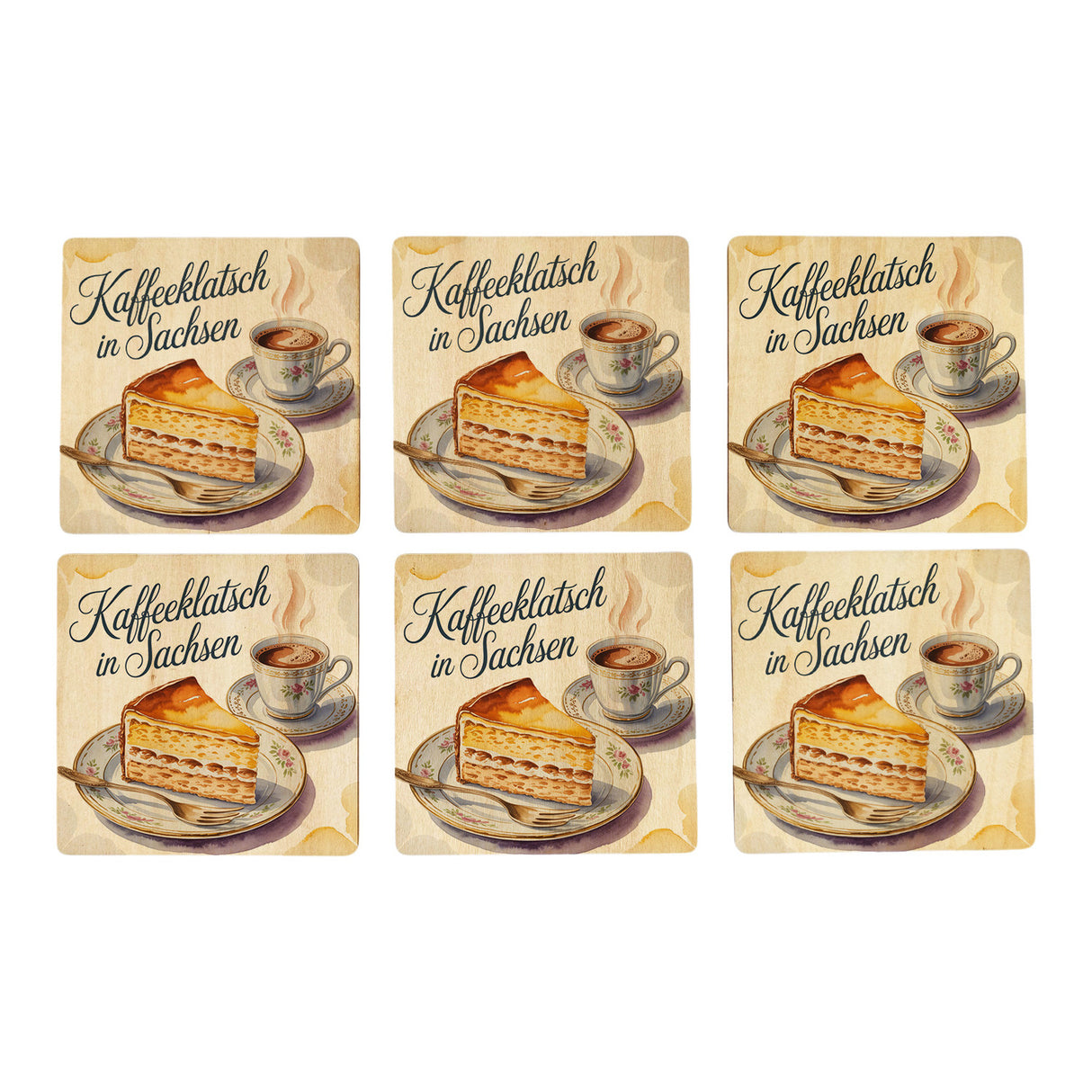 Region Sachsen Eierschecke 6er Set Untersetzer aus Holz - Kaffeeklatsch in Sachsen