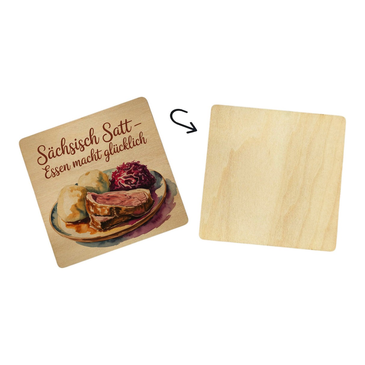Region Sachsen Braten mit Klößen 6er Set Untersetzer aus Holz - Sächsisch satt