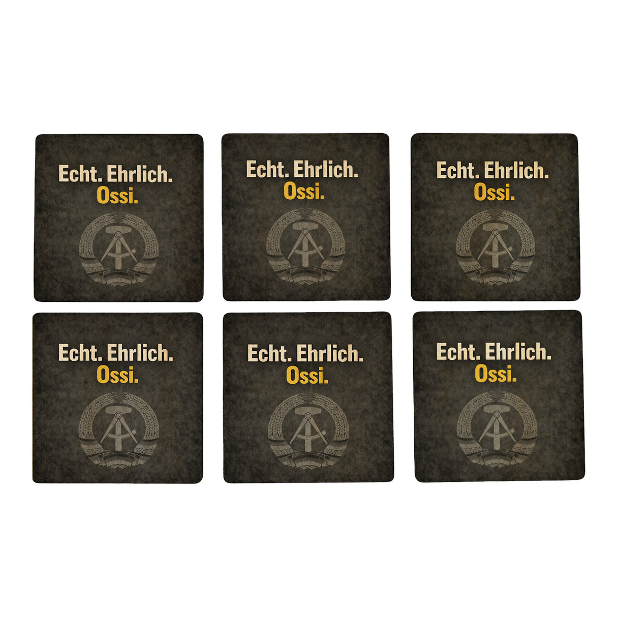 DDR-Stolz 6er Set Untersetzer aus Holz - Echt. Ehrlich. Ossi.