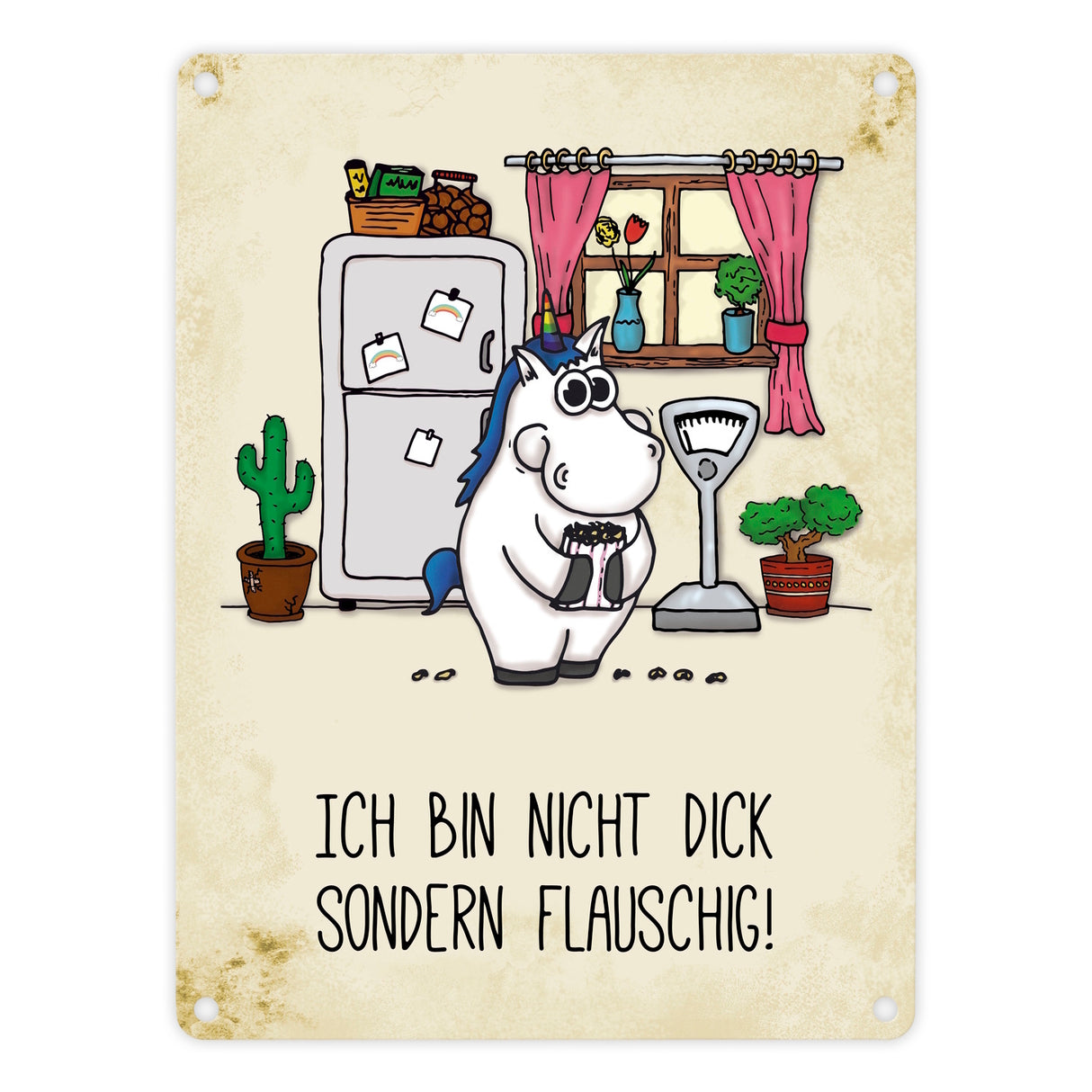 Honeycorns Metallschild mit Einhorn Motiv und Spruch: Nicht dick, sondern flauschig