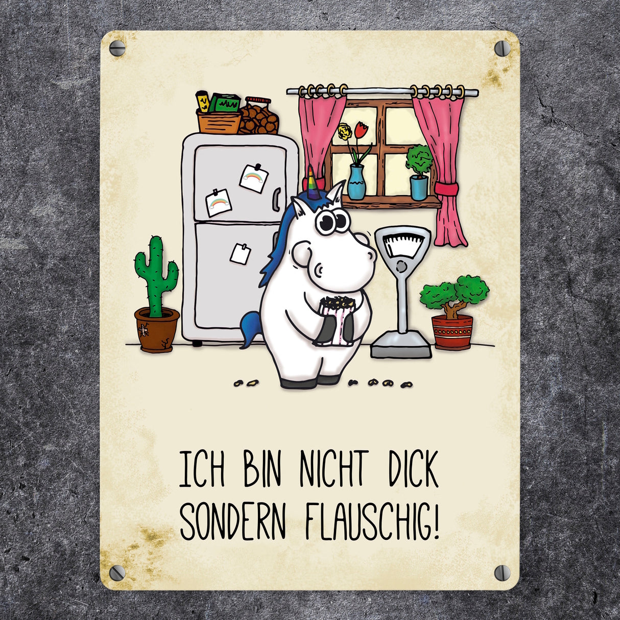 Honeycorns Metallschild mit Einhorn Motiv und Spruch: Nicht dick, sondern flauschig