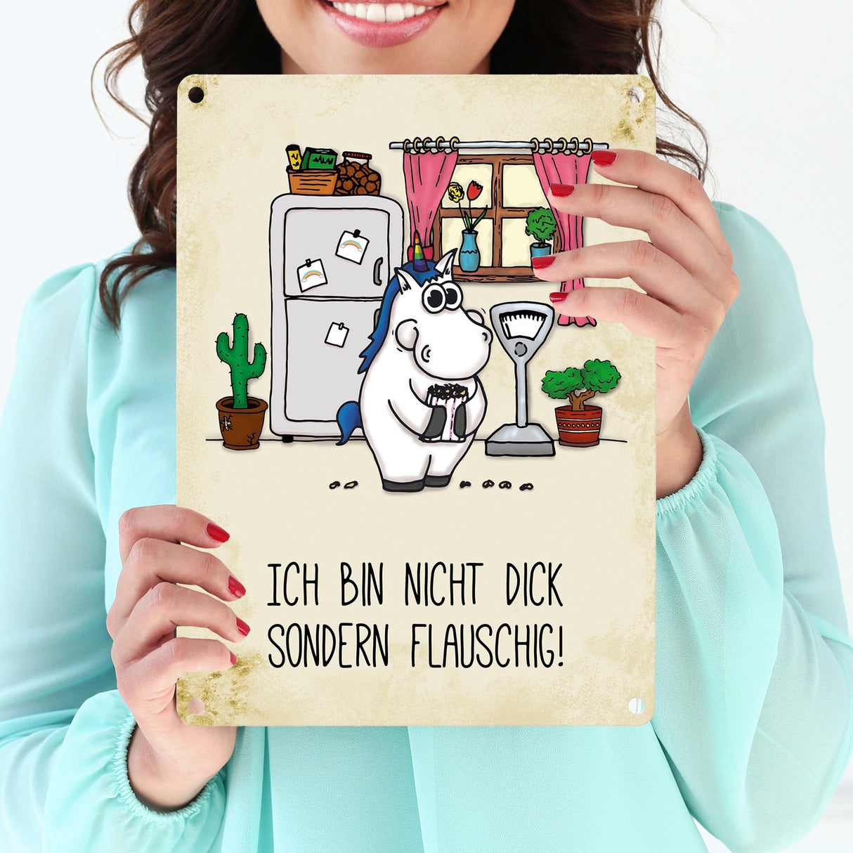Honeycorns Metallschild mit Einhorn Motiv und Spruch: Nicht dick, sondern flauschig
