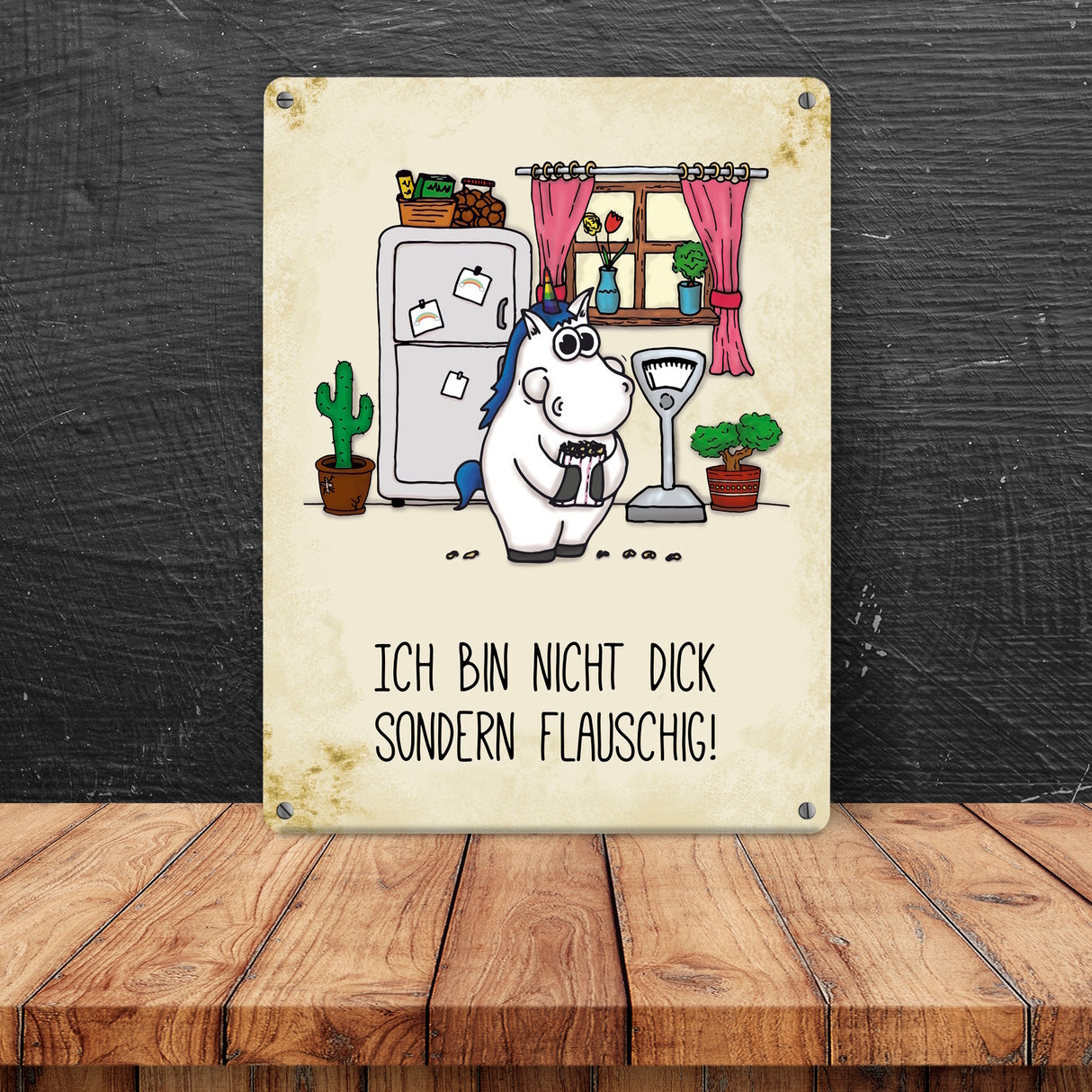Honeycorns Metallschild mit Einhorn Motiv und Spruch: Nicht dick, sondern flauschig