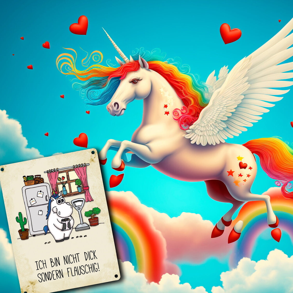 Honeycorns Metallschild mit Einhorn Motiv und Spruch: Nicht dick, sondern flauschig