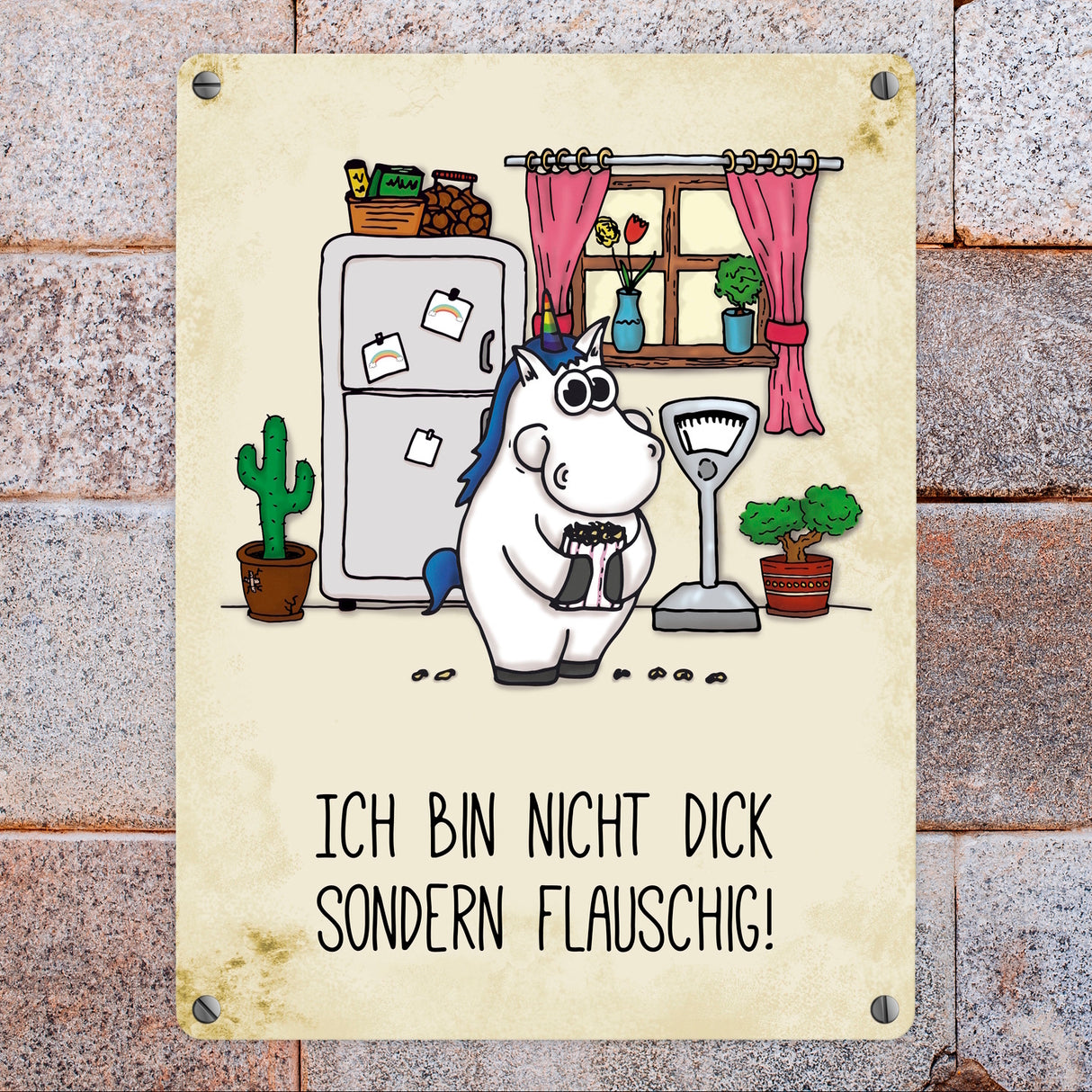Honeycorns Metallschild mit Einhorn Motiv und Spruch: Nicht dick, sondern flauschig