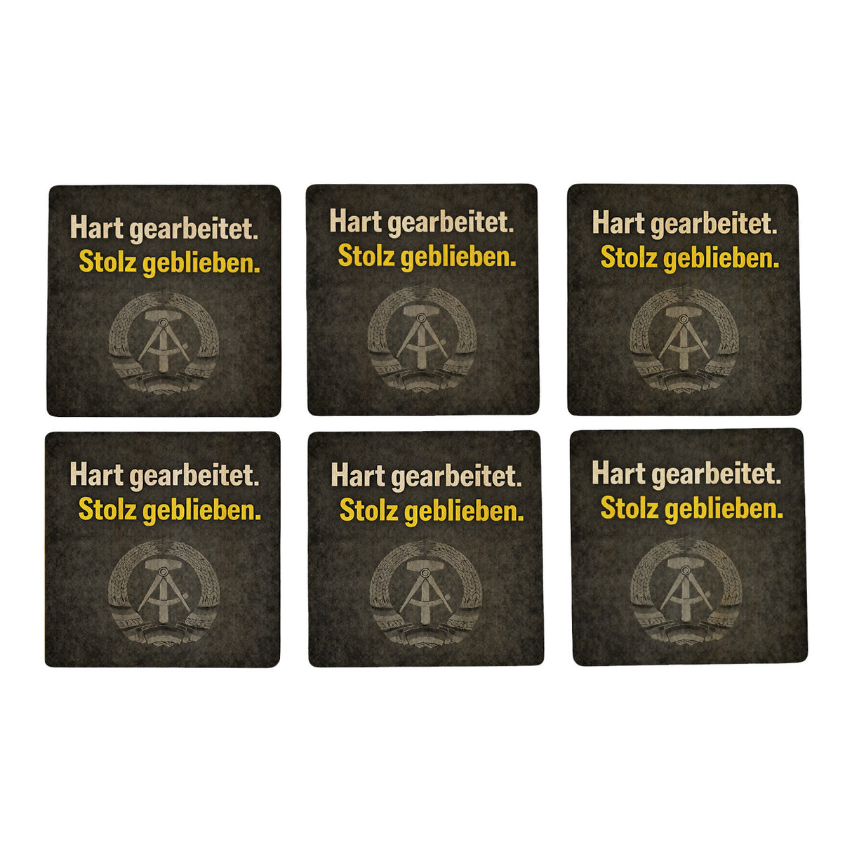 DDR-Stolz 6er Set Untersetzer aus Holz - Hart gearbeitet. Stolz geblieben.