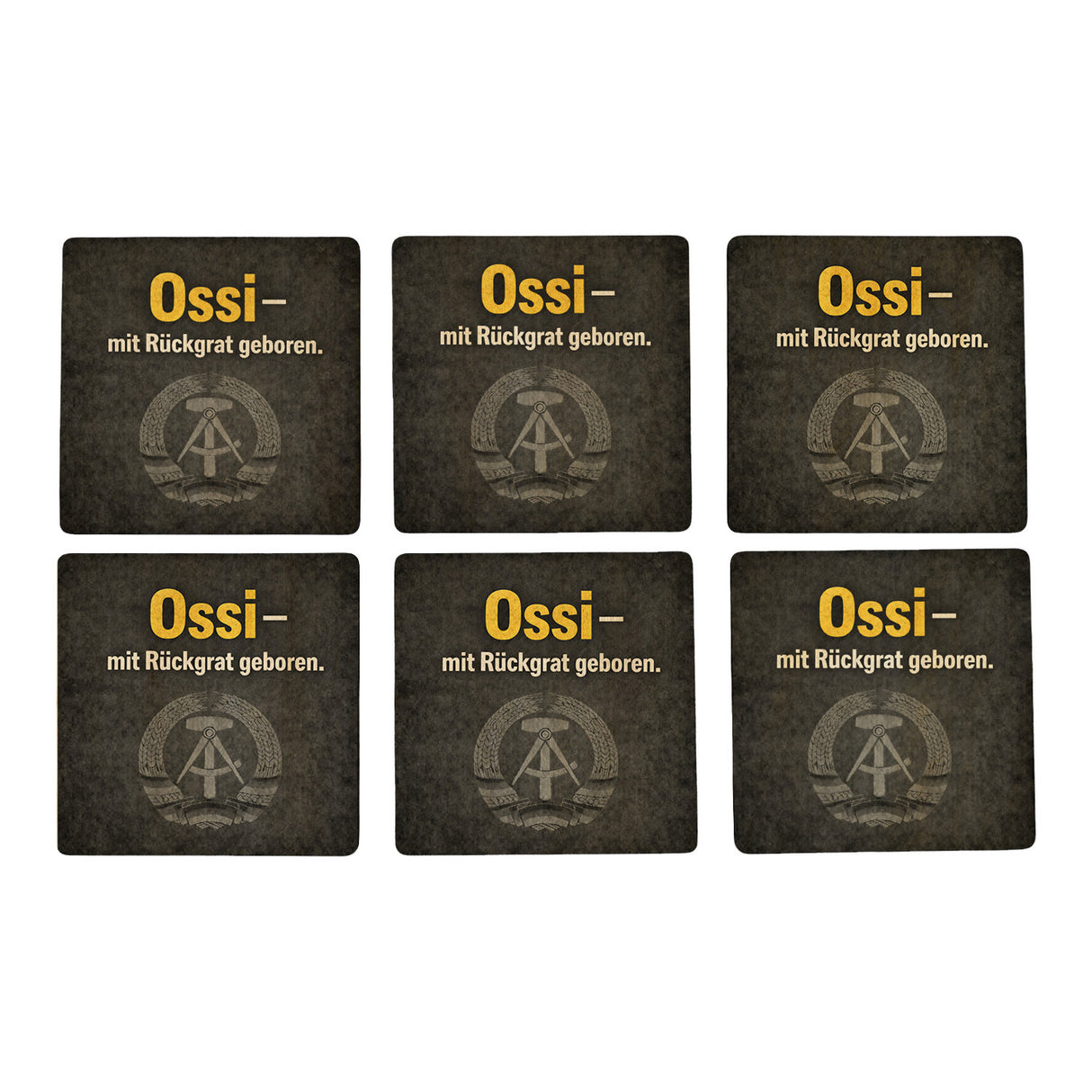 DDR-Stolz 6er Set Untersetzer aus Holz - mit Rückgrat geboren