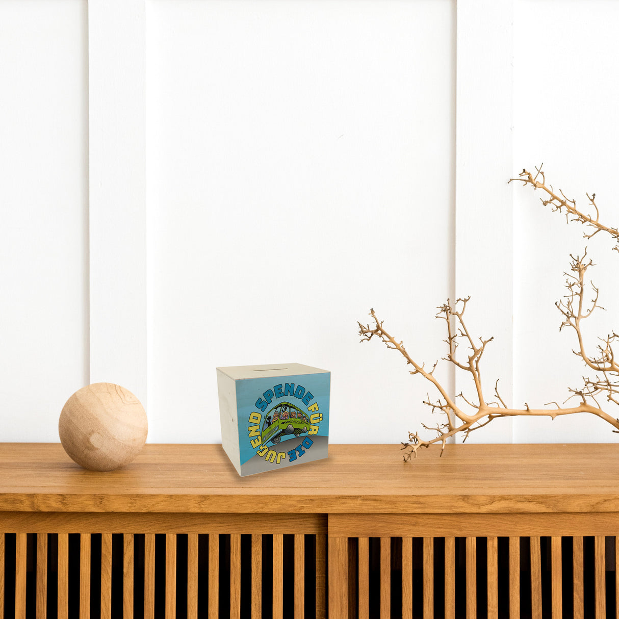 Omnibus Spardose mit Spruch: Spende für die Jugend. Danke