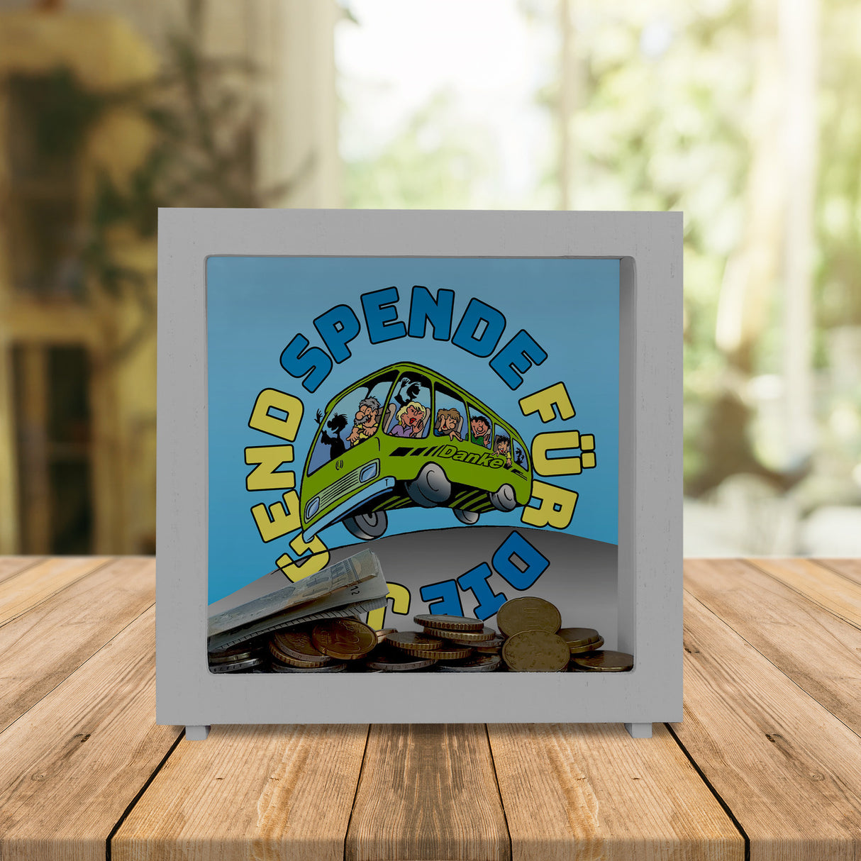 Omnibus Spardose mit Spruch: Spende für die Jugend. Danke