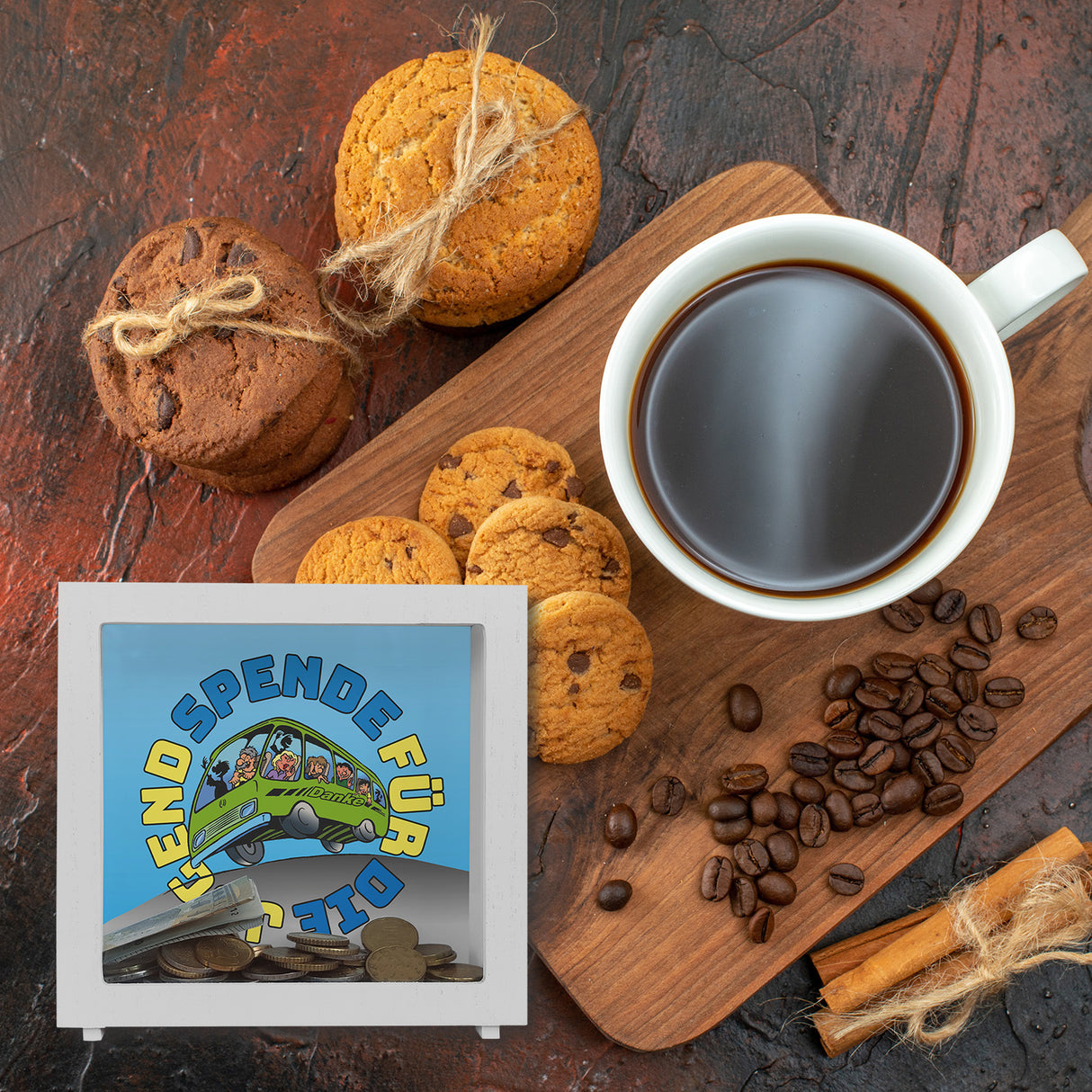 Omnibus Spardose mit Spruch: Spende für die Jugend. Danke