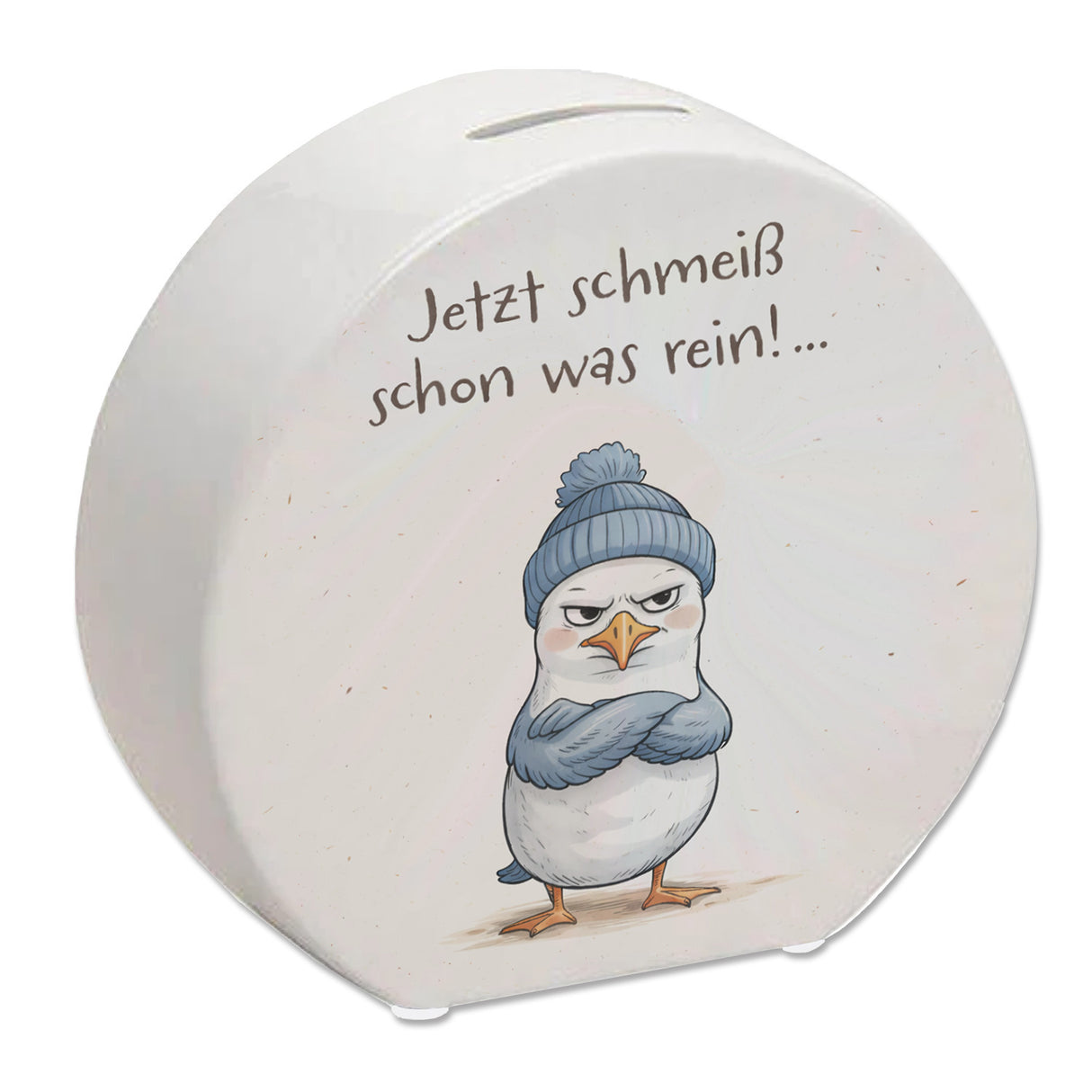 böse schauende Möwe mit Mütze Spardose Jetzt schmeiß rein