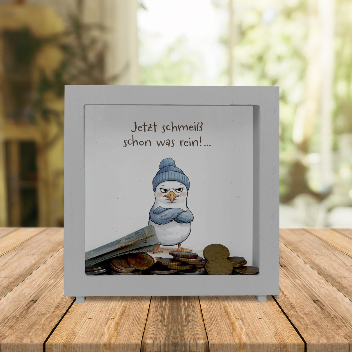 böse schauende Möwe mit Mütze Spardose Jetzt schmeiß rein